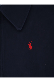 Navy blue polo shirt with a red embroidered Ralph Lauren logo on the chest for women