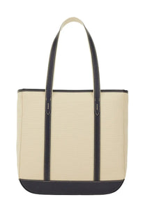 Beige canvas polo ralph lauren women’s borsa shopper medium tote bag with navy blue leather straps and trim