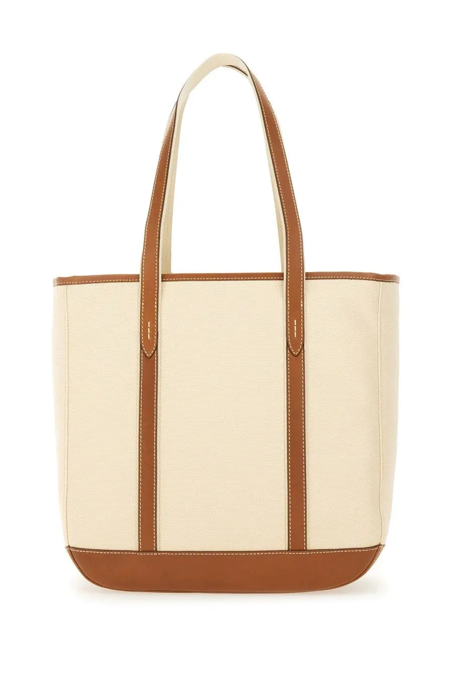 Cream canvas tote bag with brown leather handles and trim in Polo Ralph Lauren women’s borsa shopper medium beige