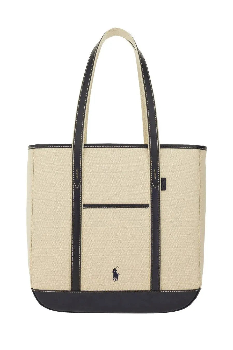 Polo Ralph Lauren women’s borsa shopper medium beige cream canvas tote bag with black leather trim and embroidered logo
