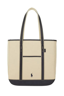 Polo Ralph Lauren women’s borsa shopper medium beige cream canvas tote bag with black leather trim and embroidered logo
