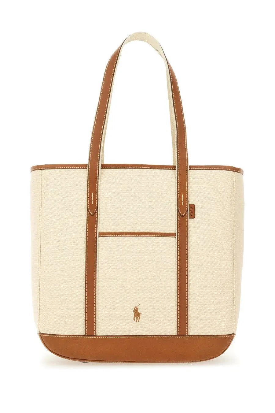 Polo Ralph Lauren women’s borsa shopper medium beige cream canvas tote bag with brown leather trim and embroidered logo