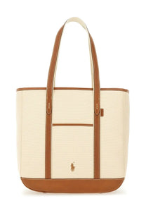 Polo Ralph Lauren women’s borsa shopper medium beige cream canvas tote bag with brown leather trim and embroidered logo