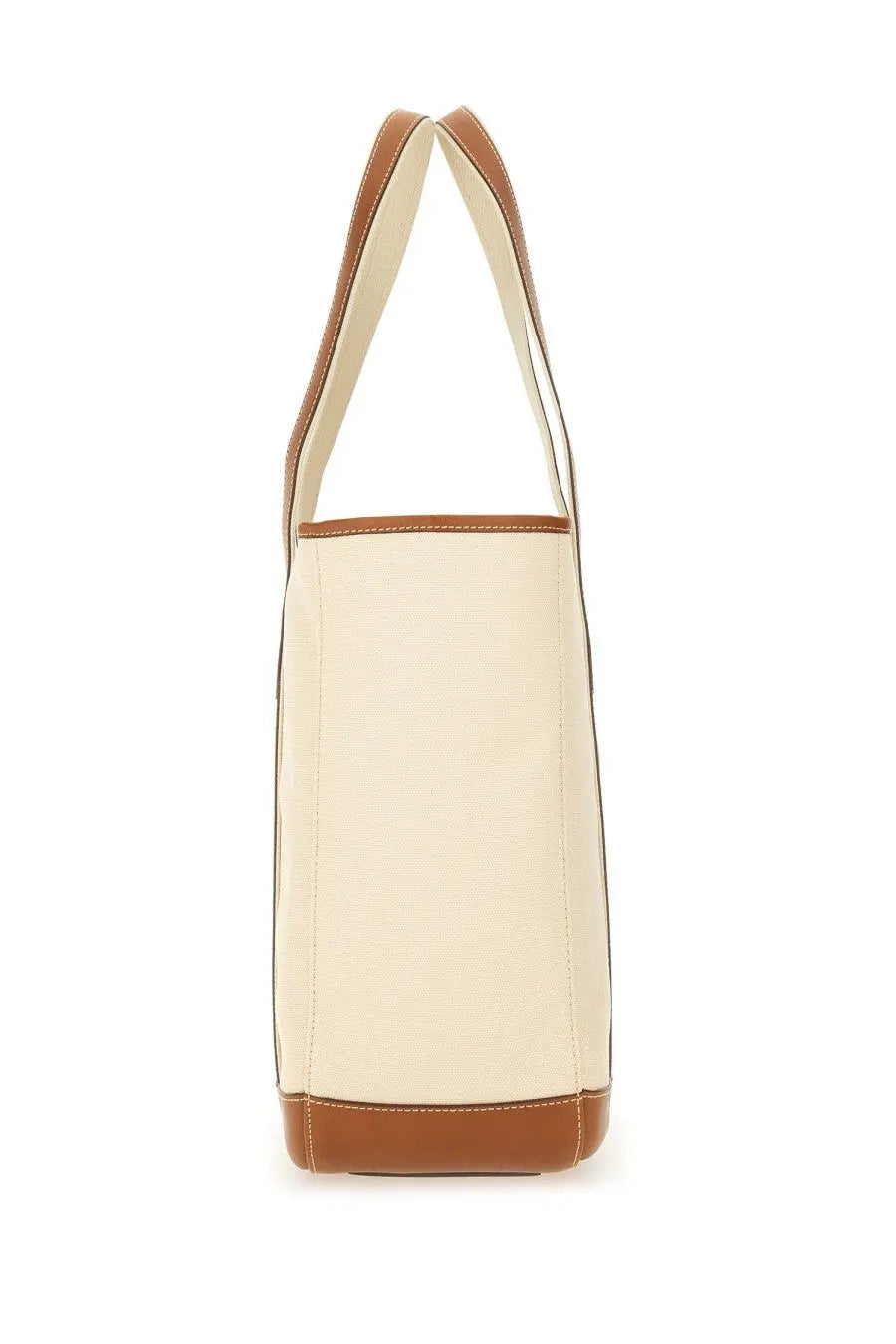Cream-colored canvas tote bag with brown leather trim and handles polo Ralph Lauren women’s Borsa Shopper medium beige