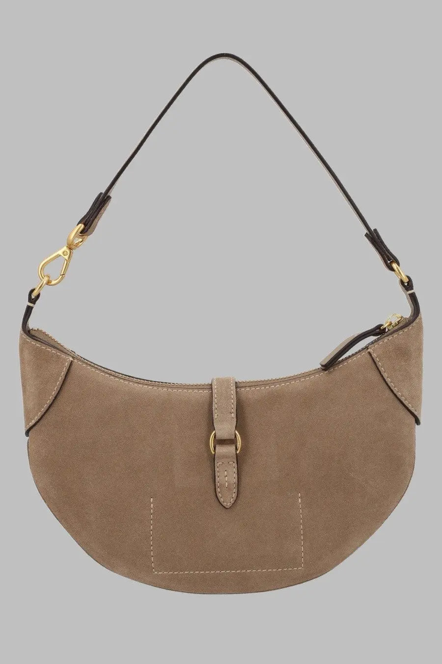 Polo Ralph Lauren women’s beige suede crescent shoulder bag with gold hardware and black leather strap
