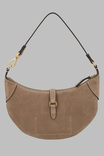 Polo Ralph Lauren women’s beige suede crescent shoulder bag with gold hardware and black leather strap