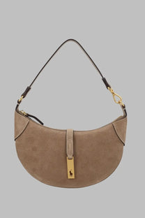 Polo Ralph Lauren women’s borsa spalla small beige suede crescent handbag with gold clasp and black leather strap
