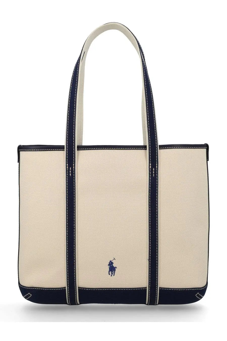 Cream-colored canvas Polo Ralph Lauren women’s Borsa tote bag with navy blue trim handles and embroidered logo