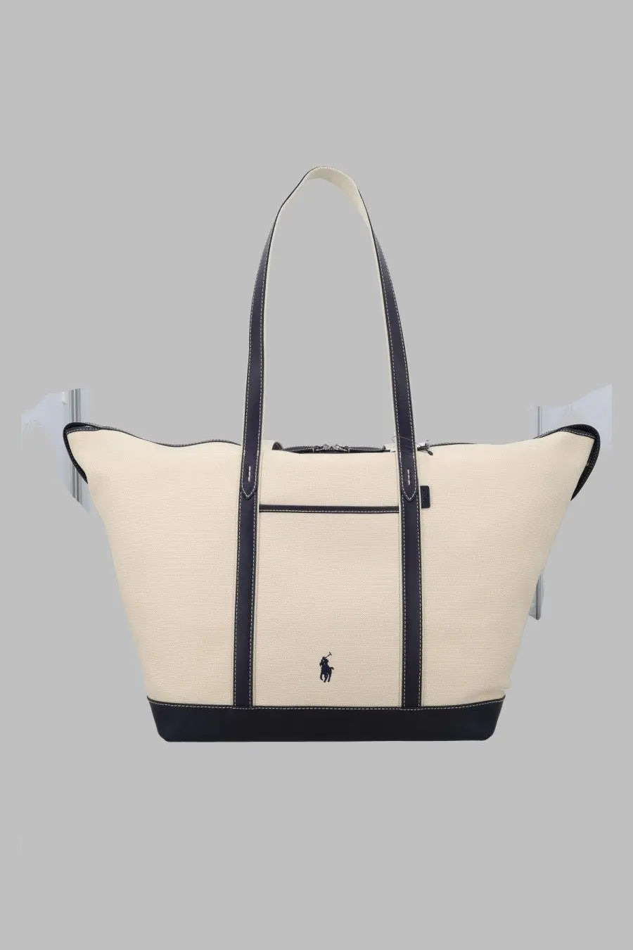 Polo Ralph Lauren women’s borsa tote large in tela pelle beige cream canvas with navy leather straps and embroidered polo logo