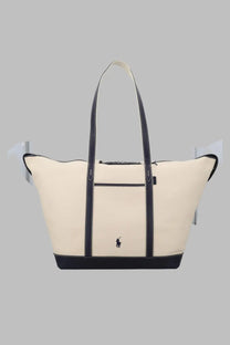 Polo Ralph Lauren women’s borsa tote large in cream canvas with navy leather straps and embroidered polo logo