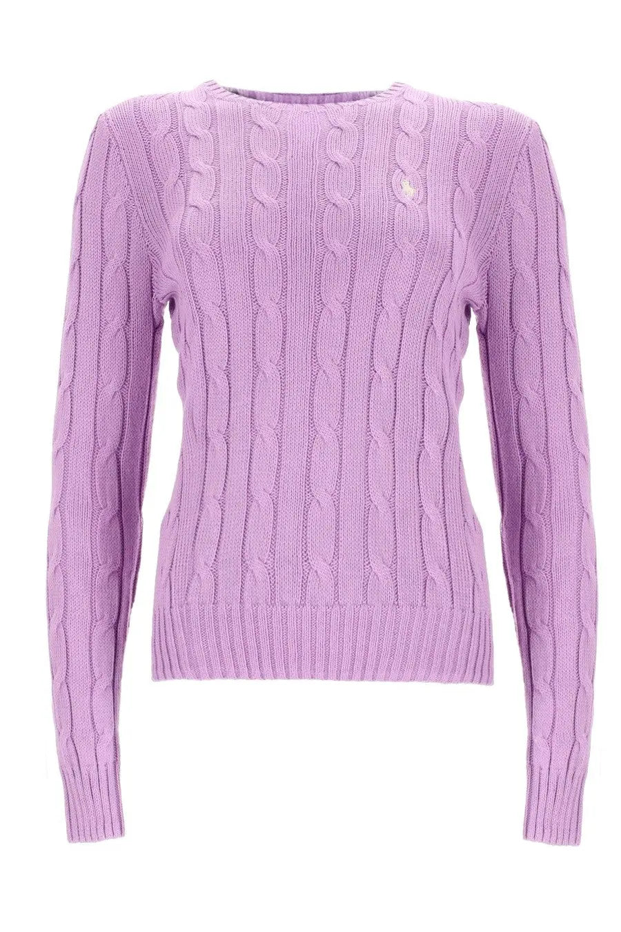 Lavender cable knit sweater with small embroidered logo on chest from polo ralph lauren women’s purple collection
