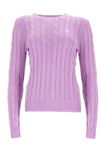 Lavender cable knit sweater with small embroidered logo on chest from polo ralph lauren women’s purple collection