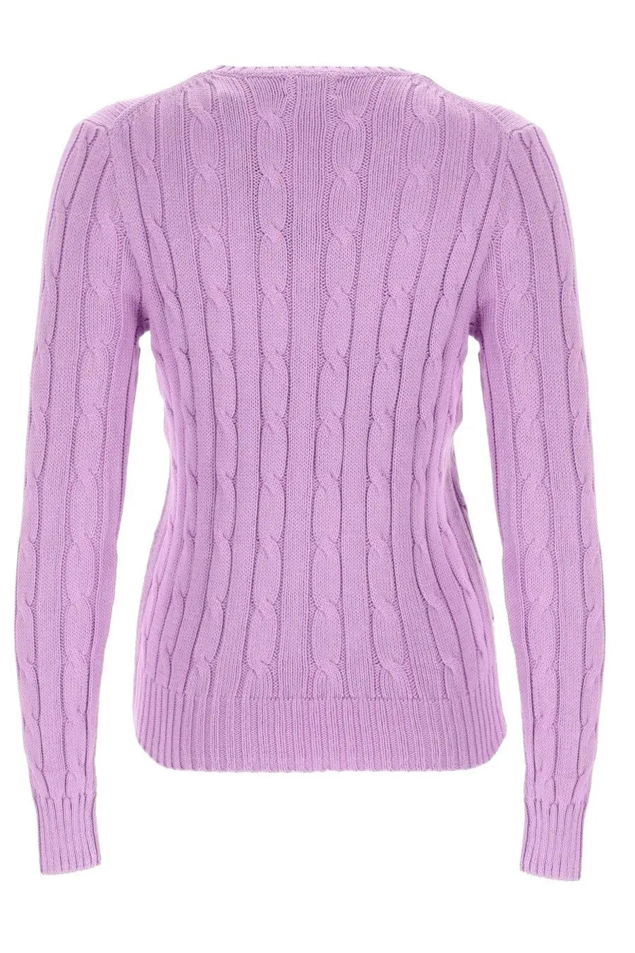Polo Ralph Lauren women’s cable knit purple sweater with classic lavender cable knit pattern and ribbed cuffs