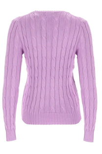 Polo Ralph Lauren women’s cable knit purple sweater with classic lavender cable knit pattern and ribbed cuffs
