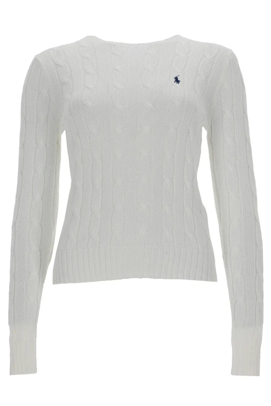 Polo Ralph Lauren women’s white cable knit sweater with navy blue embroidered logo on the left chest