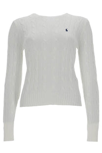 Polo Ralph Lauren women’s white cable knit sweater with navy blue embroidered logo on the left chest