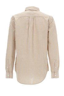 Polo Ralph Lauren women’s beige and white vertically striped long-sleeved button-down shirt with classic collar