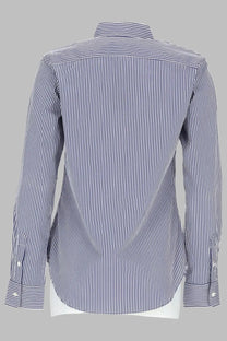 Polo Ralph Lauren women’s navy and white striped long-sleeved cotton button-down shirt with classic collar