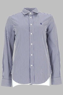 Polo Ralph Lauren women’s navy and white striped long-sleeve button-down shirt with classic collar and embroidered polo logo