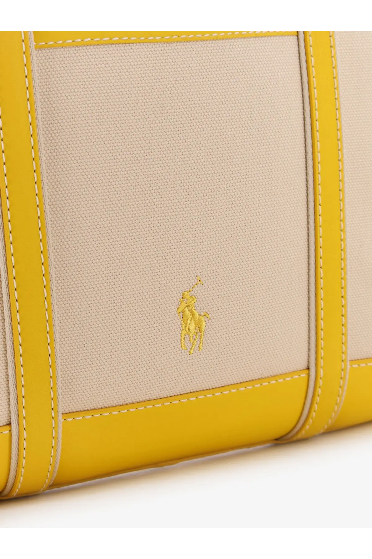 Beige canvas shoulder bag with bold yellow leather trim and embroidered polo ralph lauren logo for women