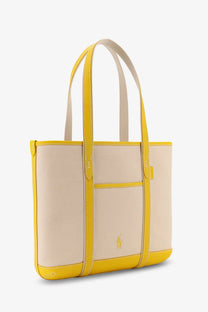 Beige and yellow canvas tote bag with leather trim by Polo Ralph Lauren for women in white designed for shoulder use