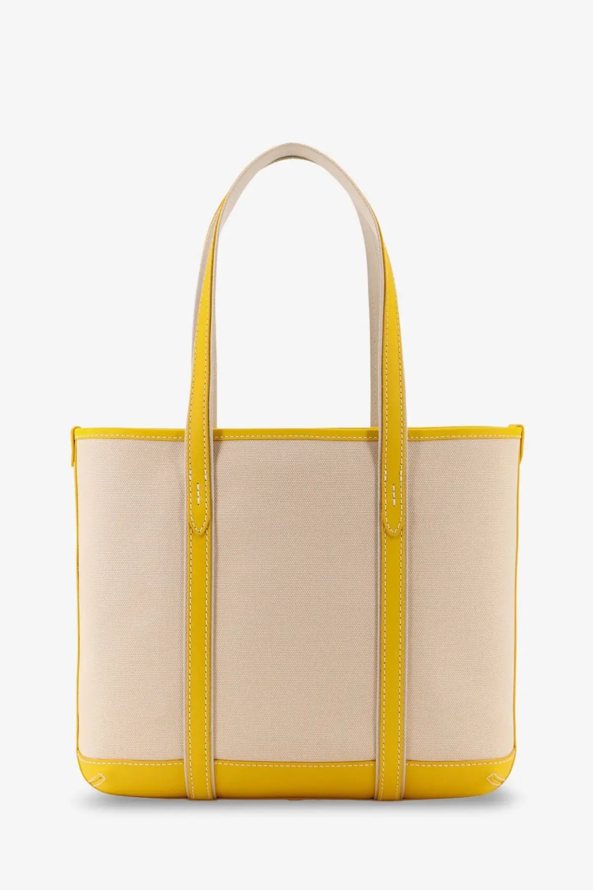 A vibrant yellow and beige Polo Ralph Lauren women’s canvas shoulder bag with leather trim and sturdy handles