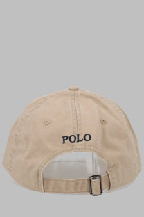 Beige cotton baseball cap with black embroidered polo logo and metal buckle adjustment strap by polo ralph lauren