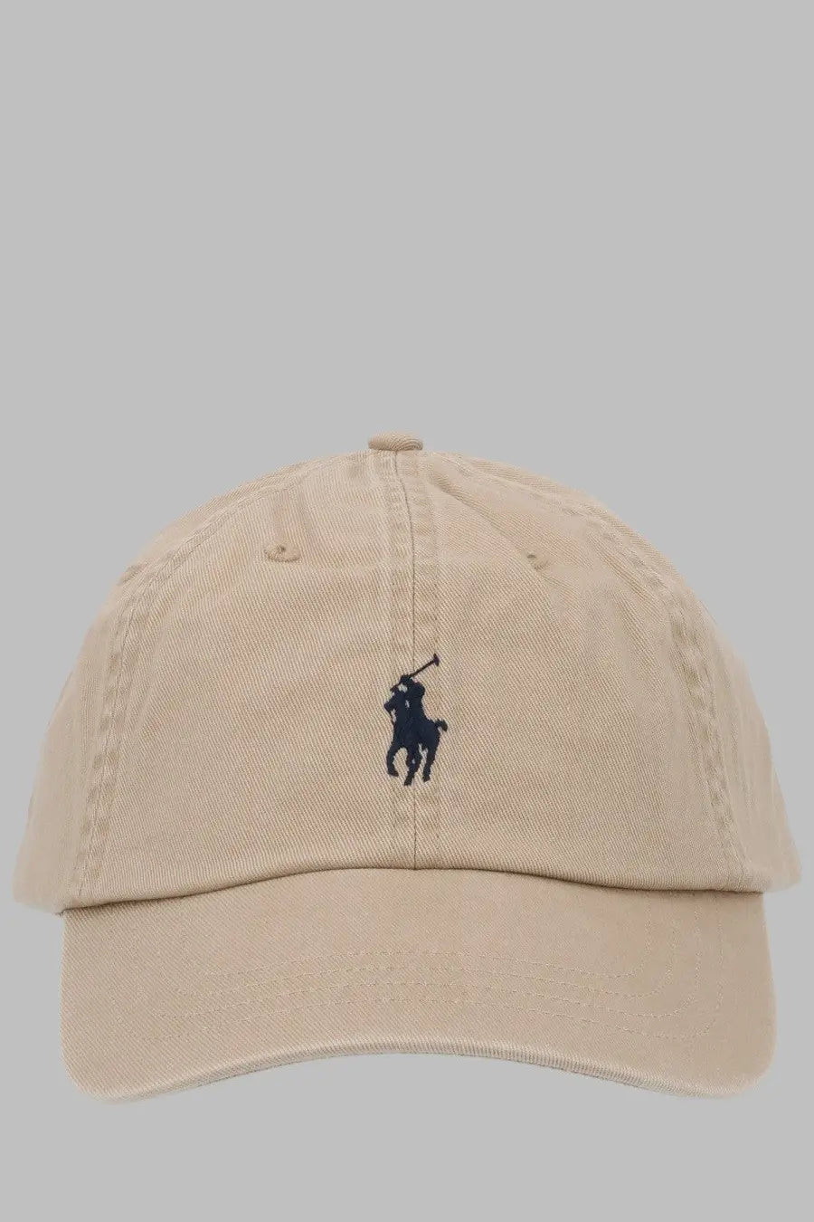 Beige cotton baseball cap featuring a navy blue embroidered polo ralph lauren logo for women