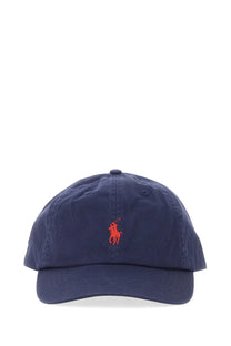 Navy blue cotton baseball cap with vibrant orange embroidered Polo Ralph Lauren logo for women