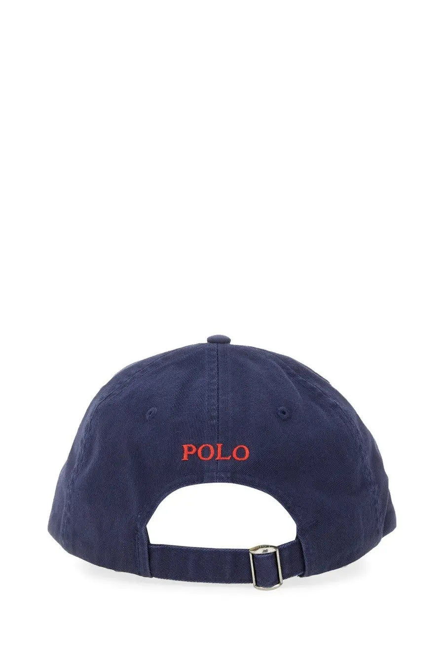 Navy blue cotton baseball cap with red embroidered polo logo and silver metal buckle from Polo Ralph Lauren women’s collection