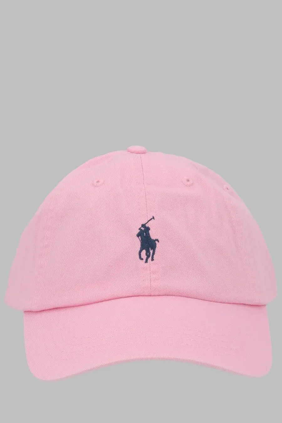 Pink Polo Ralph Lauren women’s baseball cap with navy blue embroidered polo player logo in cotton fabric