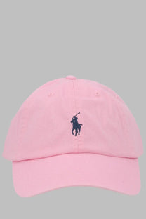 Pink Polo Ralph Lauren women’s baseball cap with navy blue embroidered polo player logo in cotton fabric
