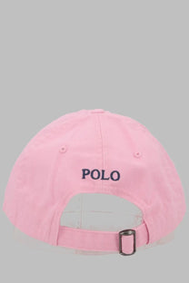 Pink cotton baseball cap with navy blue polo embroidery and metallic buckle by polo ralph lauren for women