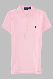 Pink polo ralph lauren women’s polo shirt with navy blue embroidered horse and rider logo on the left chest