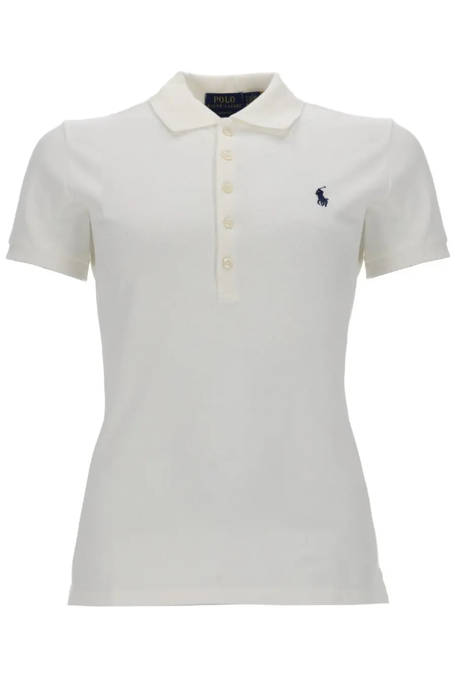 Cream-colored Polo Ralph Lauren women’s polo shirt with navy blue embroidered horse and rider logo on left chest