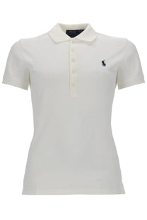 Cream-colored Polo Ralph Lauren women’s polo shirt with navy blue embroidered horse and rider logo on left chest