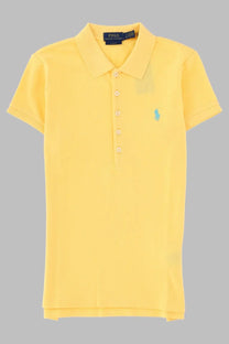 Yellow polo ralph lauren women’s polo shirt with light blue embroidered logo and white buttons on left chest