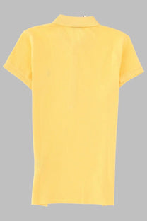 A vibrant yellow short-sleeved polo shirt with classic collar and stitched seams from Polo Ralph Lauren women’s collection