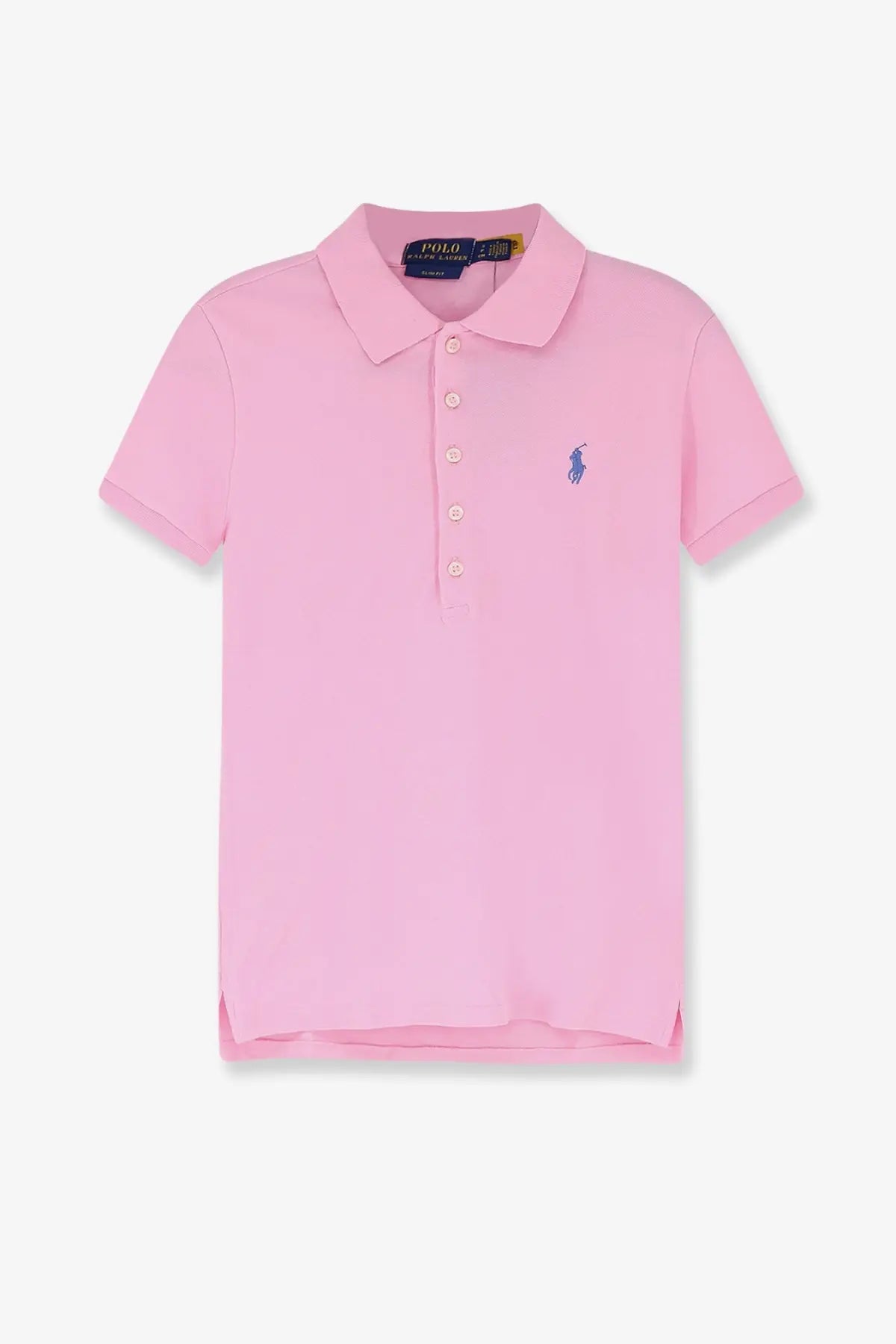 Pink polo ralph lauren womens cotton blend polo with blue embroidered logo and matching pink buttons