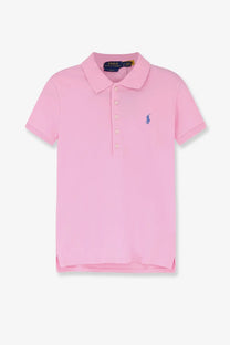 Pink polo ralph lauren womens cotton blend polo with blue embroidered logo and matching pink buttons