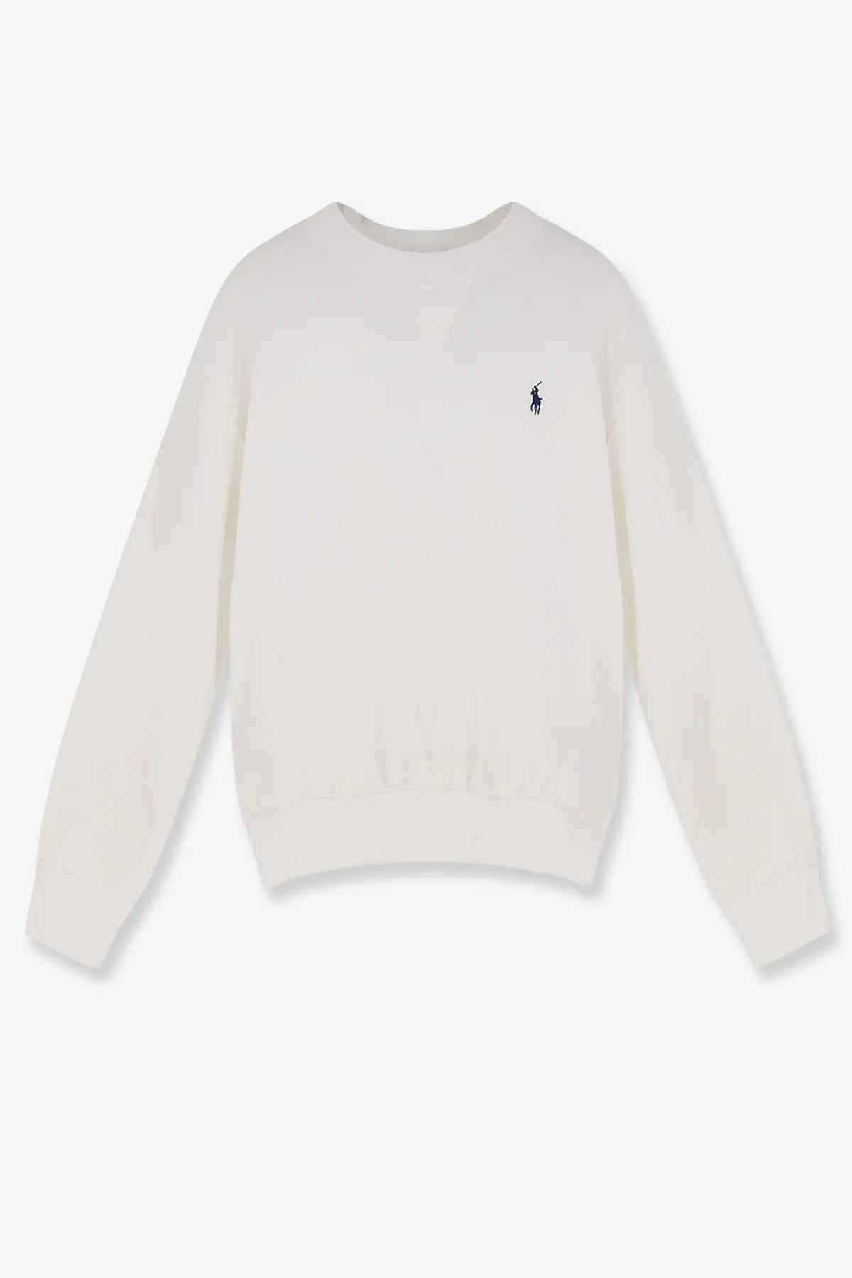Cream-colored Polo Ralph Lauren women’s cotton blend crewneck sweatshirt with small black embroidered logo on left chest