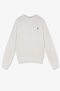 Cream-colored Polo Ralph Lauren women’s cotton blend crewneck sweatshirt with small black embroidered logo on left chest