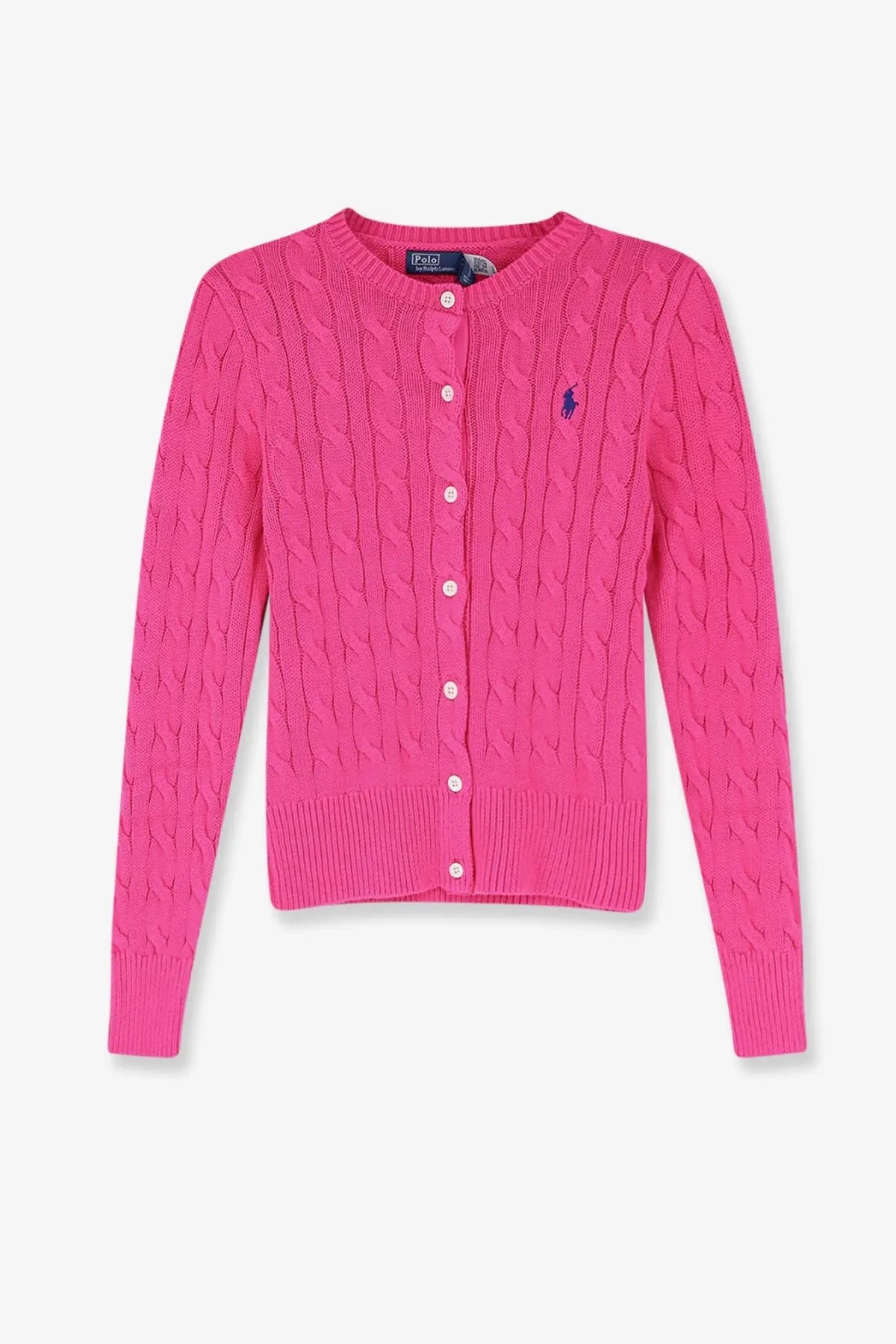 Bright pink cable-knit cotton cardigan with white buttons and blue embroidered polo player logo by Polo Ralph Lauren