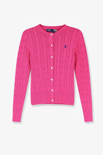 Bright pink cable-knit cotton cardigan with white buttons and blue embroidered polo player logo by Polo Ralph Lauren