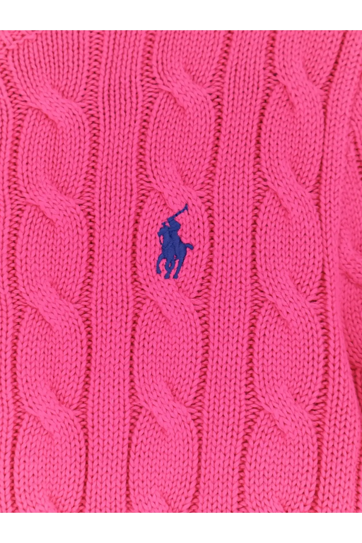 Bright pink cotton cable knit cardigan with classic blue embroidered Polo Ralph Lauren logo for women