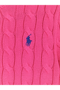 Bright pink cotton cable knit cardigan with classic blue embroidered Polo Ralph Lauren logo for women