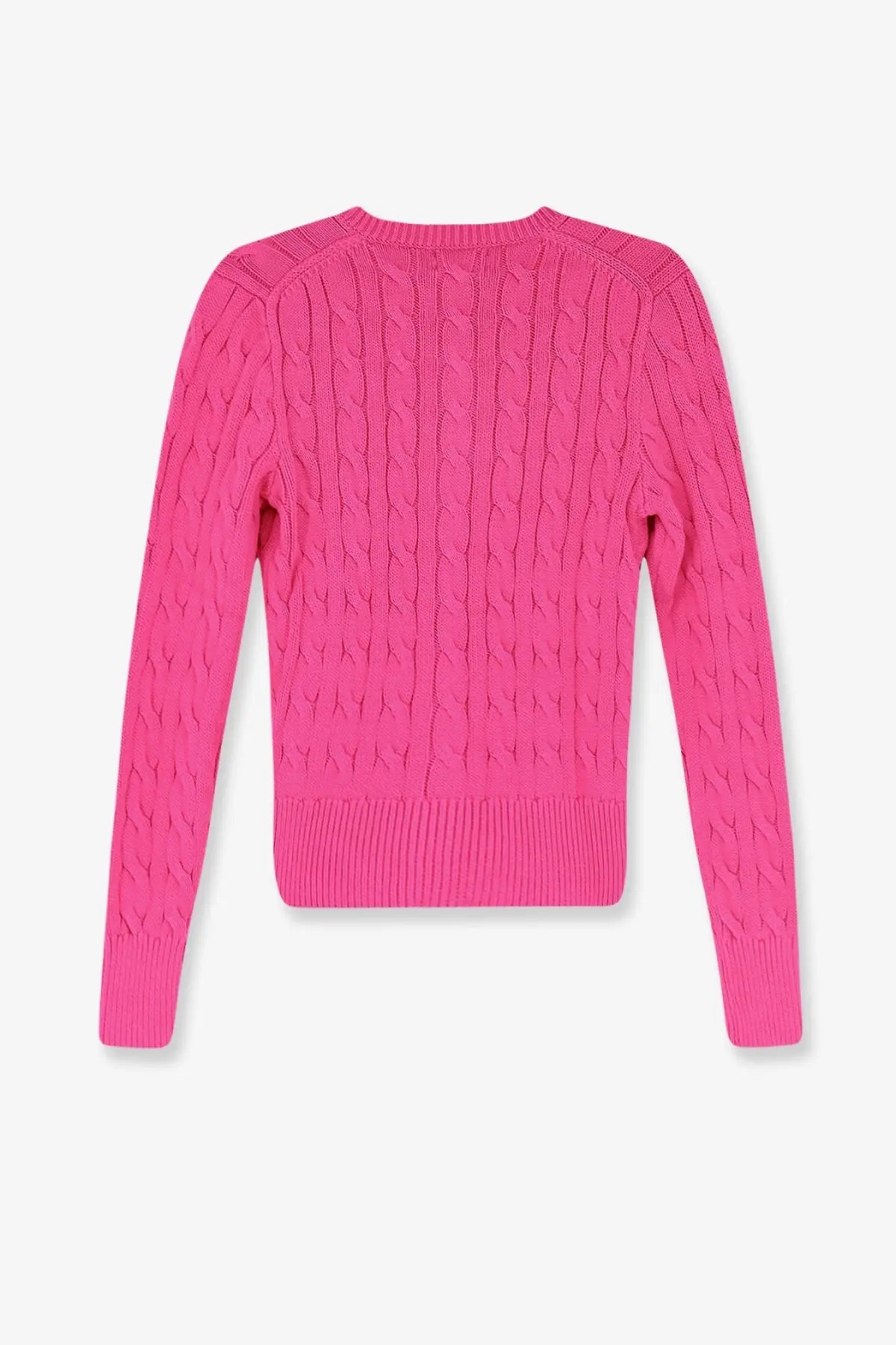 A vibrant pink cable-knit sweater with ribbed neckline and cuffs paired with polo ralph lauren women’s cotton cardigan blue