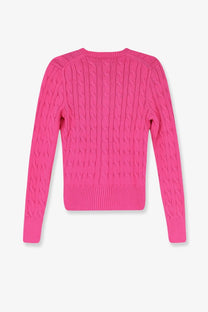 A vibrant pink cable-knit sweater with ribbed neckline and cuffs paired with polo ralph lauren women’s cotton cardigan blue