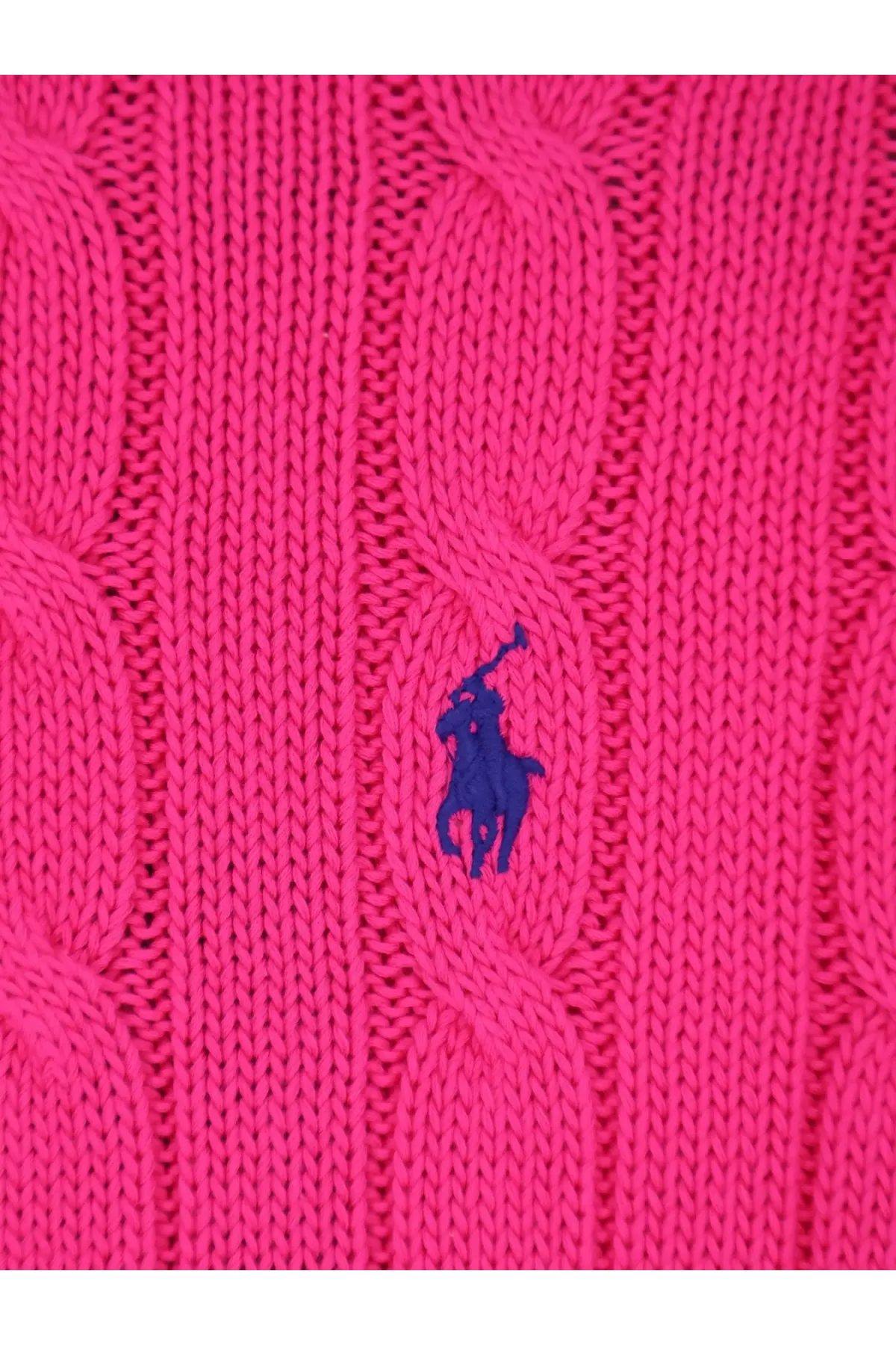 Bright pink cotton cable knit sweater with navy blue embroidered Polo Ralph Lauren logo for women