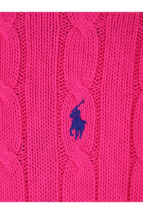 Bright pink cotton cable knit sweater with navy blue embroidered Polo Ralph Lauren logo for women